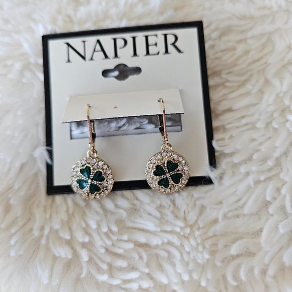 Napier Earrings Shamrock Lucky 1" Green/Rhinestone Charming - Picture 8 of 11